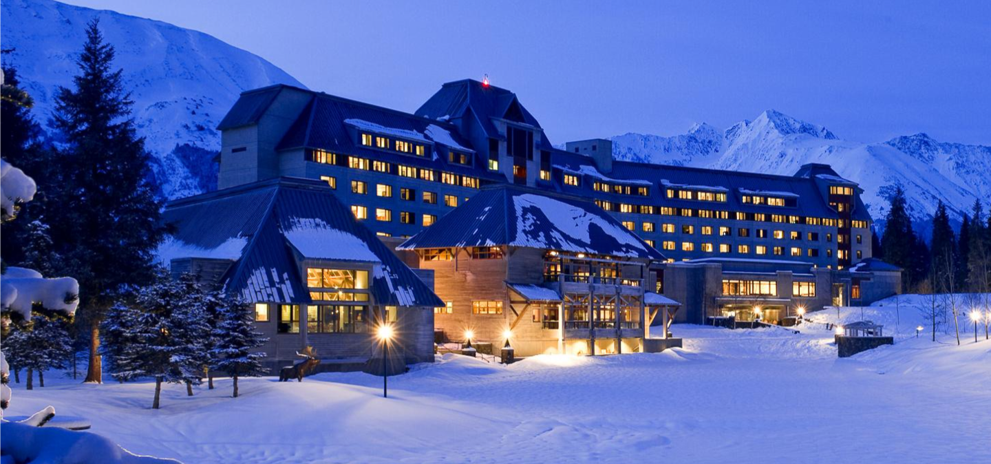 Alyeska Resort hotel on a winter night in Girdwood