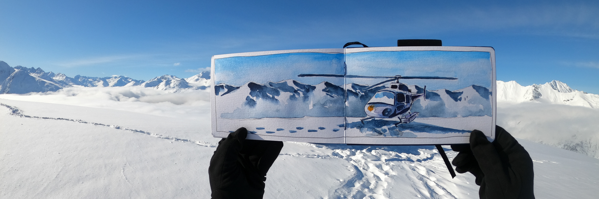 A watercolor painting of a CPG helicopter on top of a mountain