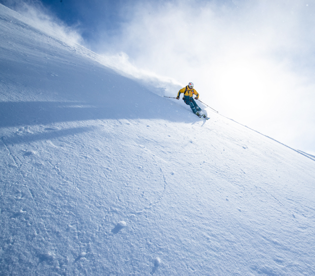 A skier arcs a perfect turn in untouched powder.